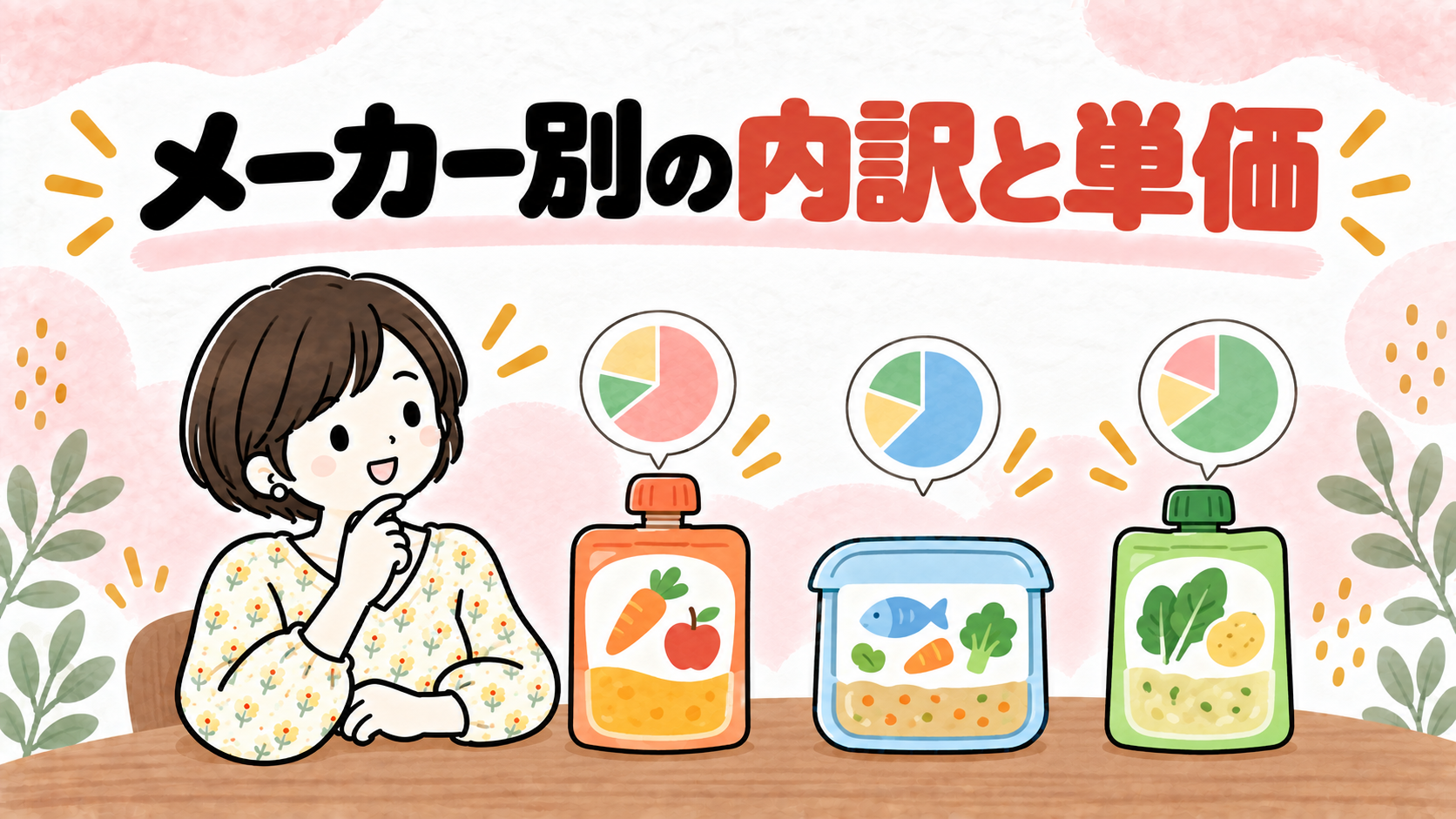 メーカー別の離乳食の内訳と単価を比較するイラスト