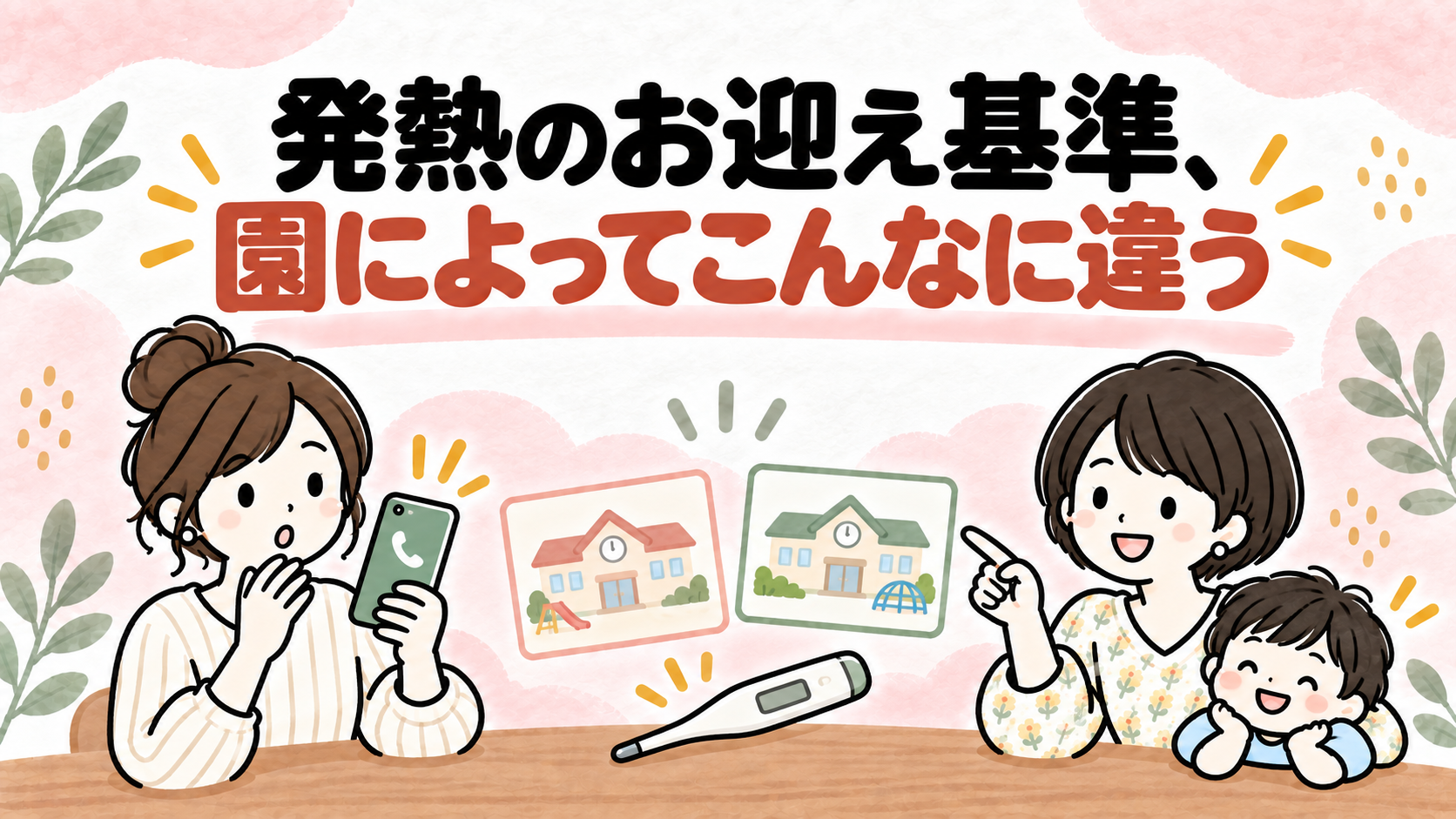 発熱時のお迎え基準が園によって違うことを表すイラスト