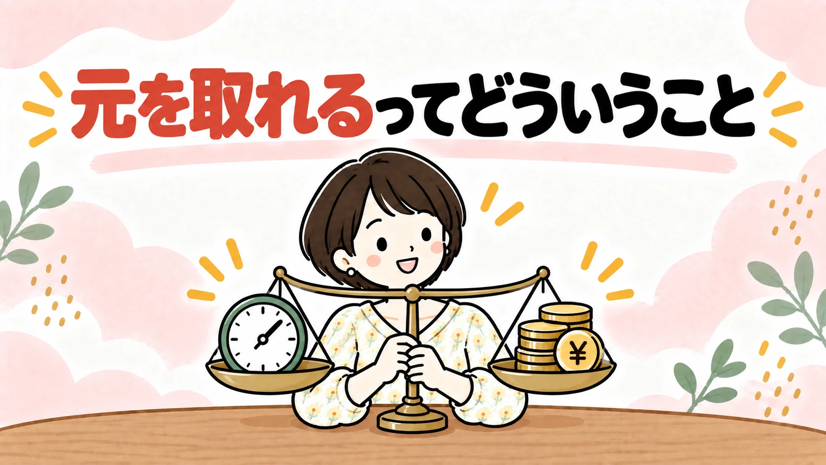 時短家電で元が取れるとはどういうことか、天秤で時間とお金を表したイラスト