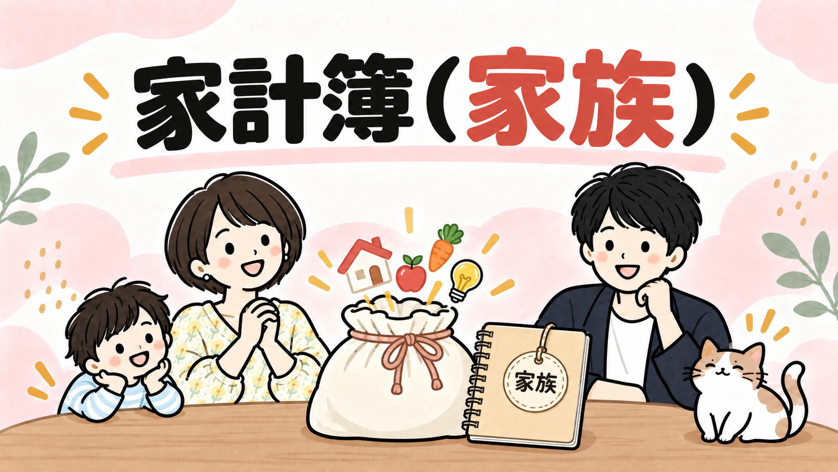 家族4人と猫で家計簿を囲むイラスト