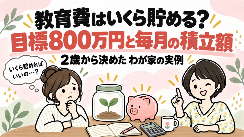 ノートと電卓を広げて教育費の目標額と毎月の積立額を考える女性のイラスト