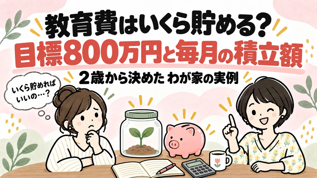 ノートと電卓を広げて教育費の目標額と毎月の積立額を考える女性のイラスト