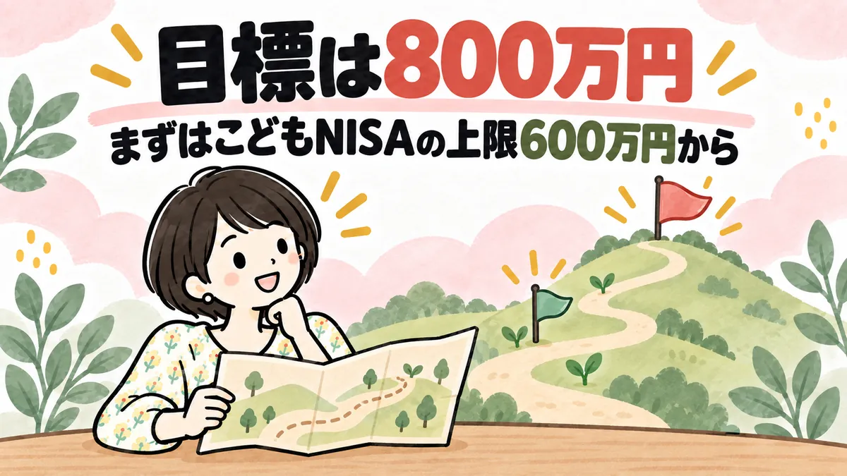 途中の旗と丘の上の旗を見上げ、教育費の目標までの道のりを考える女性のイラスト