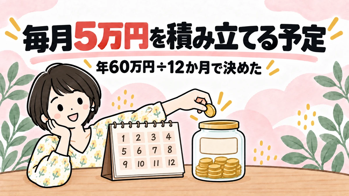 なゆがカレンダーの横でびんに硬貨を入れ、毎月積み立てるイメージのイラスト
