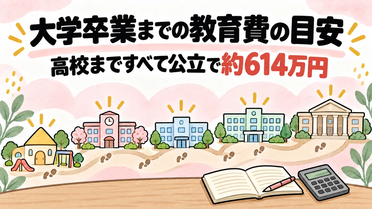 幼稚園から大学までの学校を一本の道に並べたイラスト
