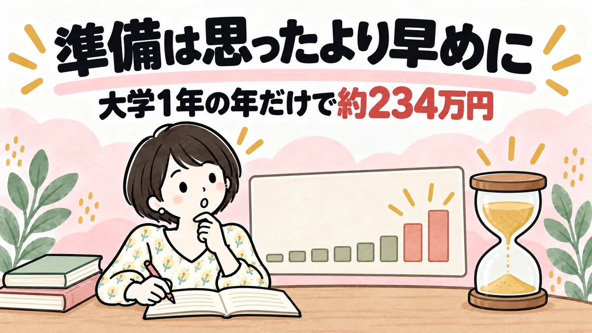 右のほうで急に高くなる年表を見て、早めの準備が必要だと気づく女性のイラスト