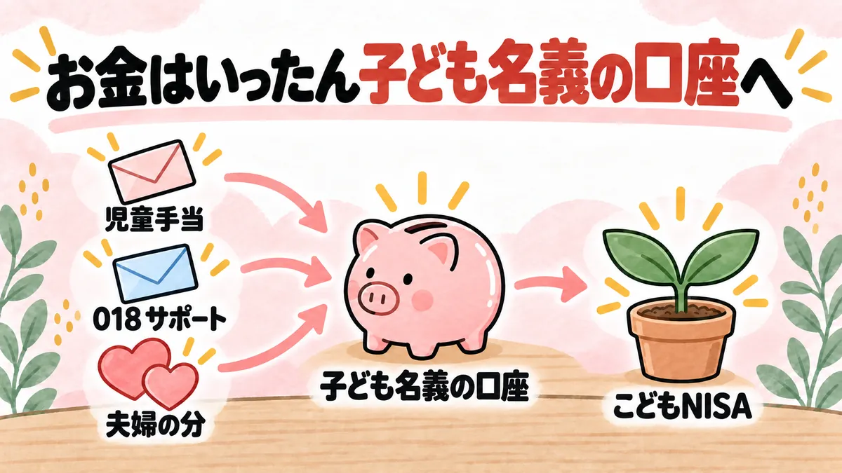 児童手当・018サポート・夫婦の分を子ども名義の口座に集め、こどもNISAで積み立てるお金の流れの図