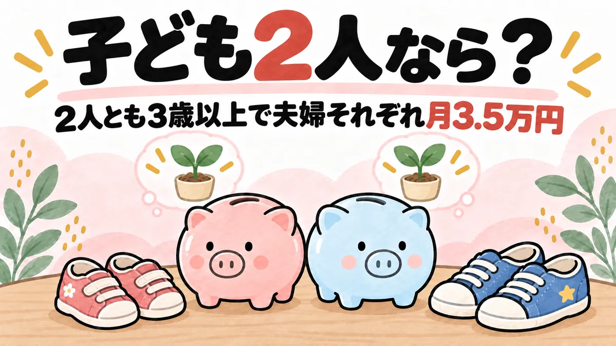 2つの貯金箱と大きさのちがう子ども靴2足が並ぶ、きょうだいの教育費のイメージイラスト