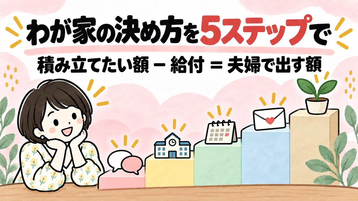 教育費の目標額と積立額を決める5つの手順を階段で表したイラスト
