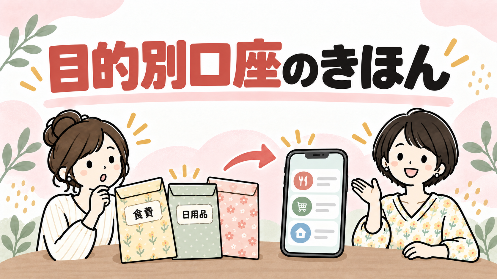 目的別口座のきほんを封筒とスマホアプリで説明するイラスト