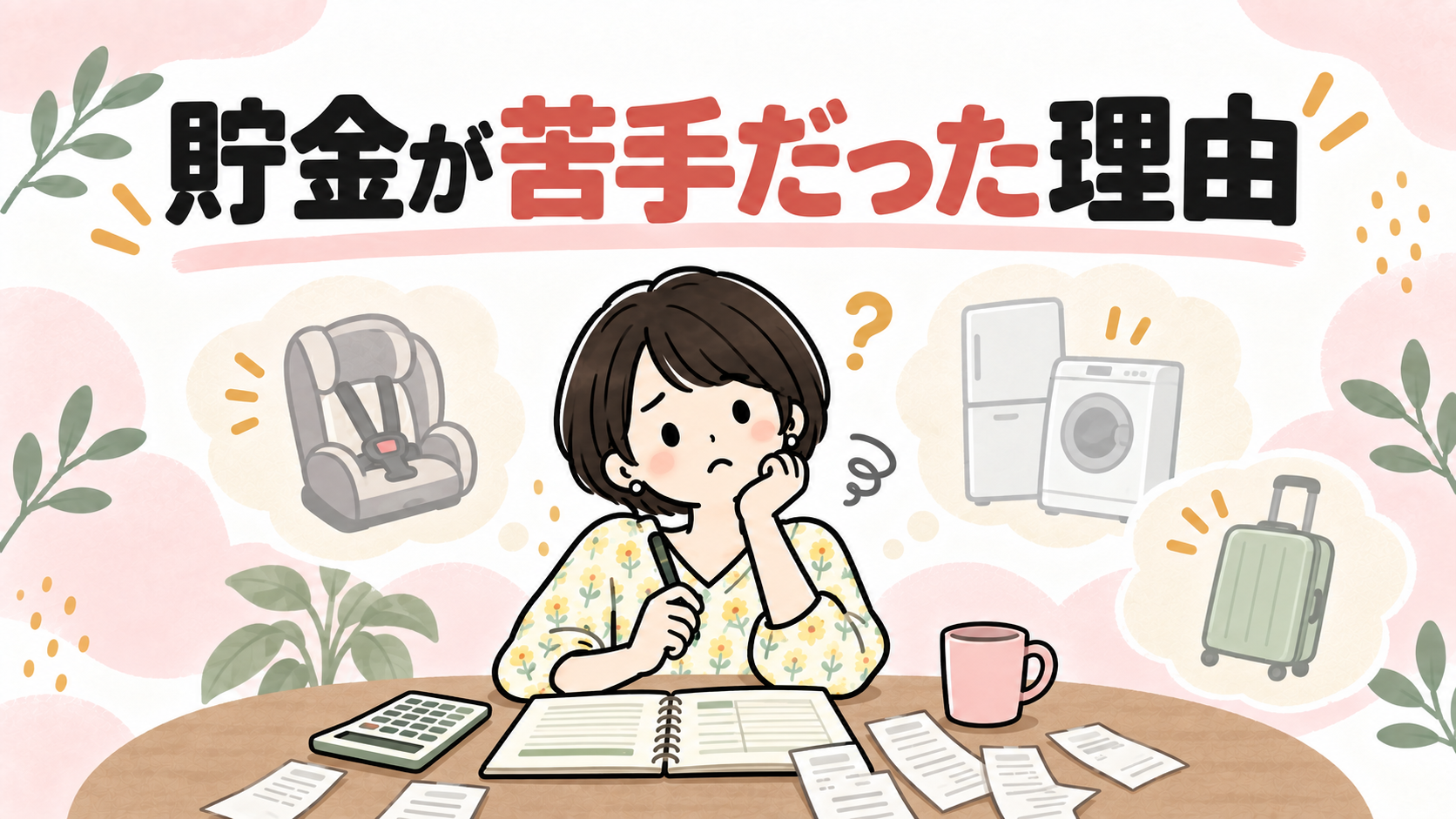 貯金が苦手だった理由を考えて困っている様子のイラスト