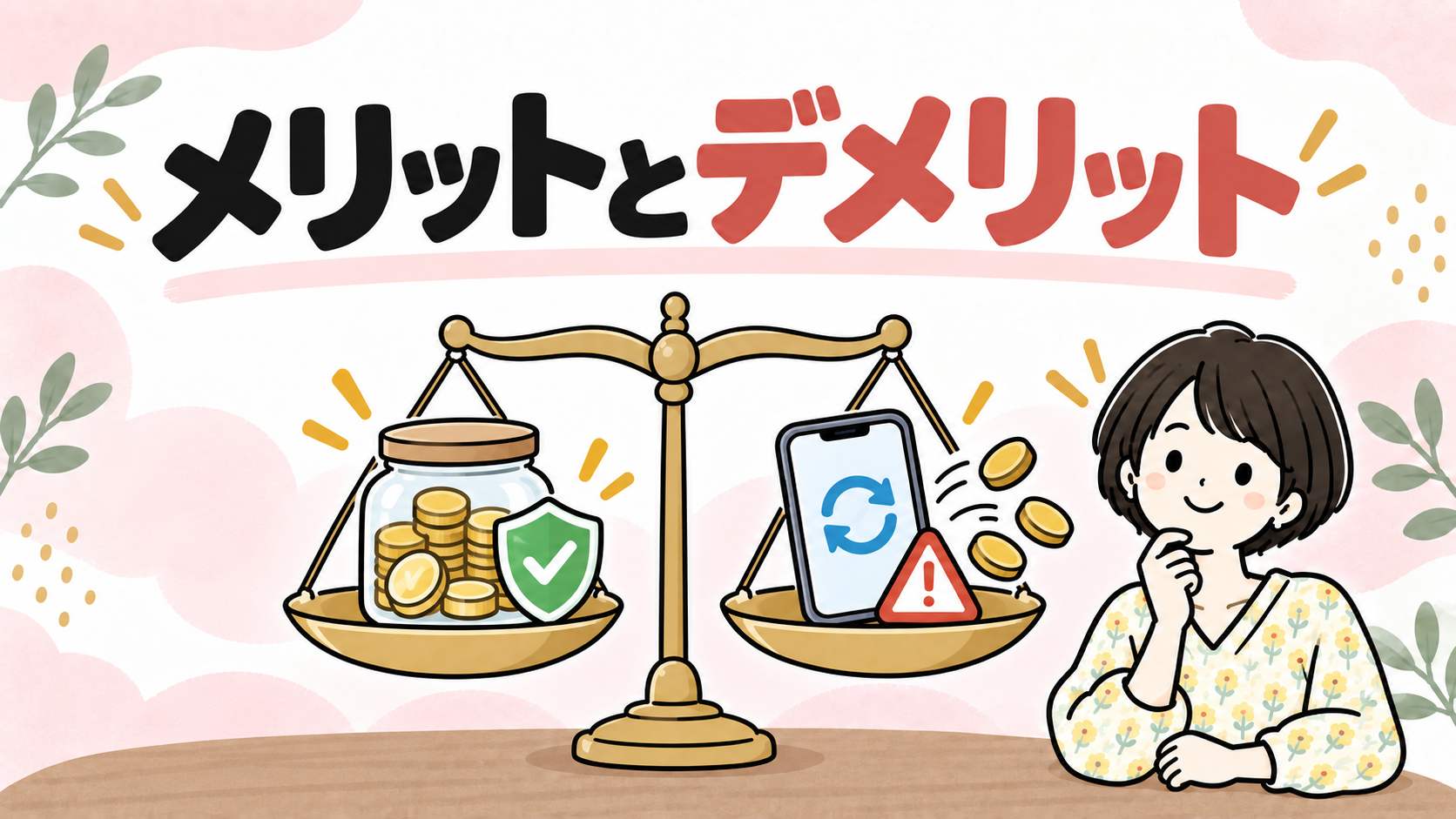 目的別口座のメリットとデメリットを天秤で表したイラスト