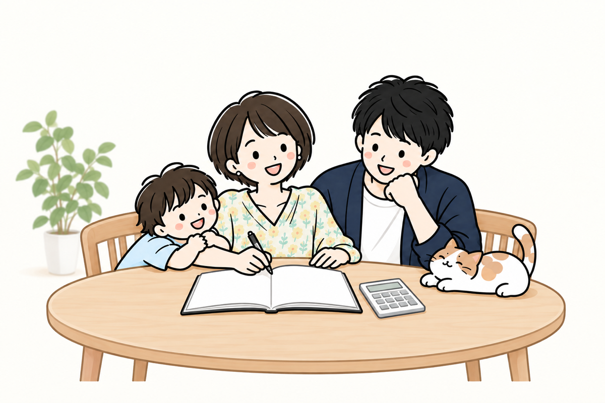 木のテーブルで家計簿と電卓を囲む、夫婦と未就学児の息子、猫のイラスト