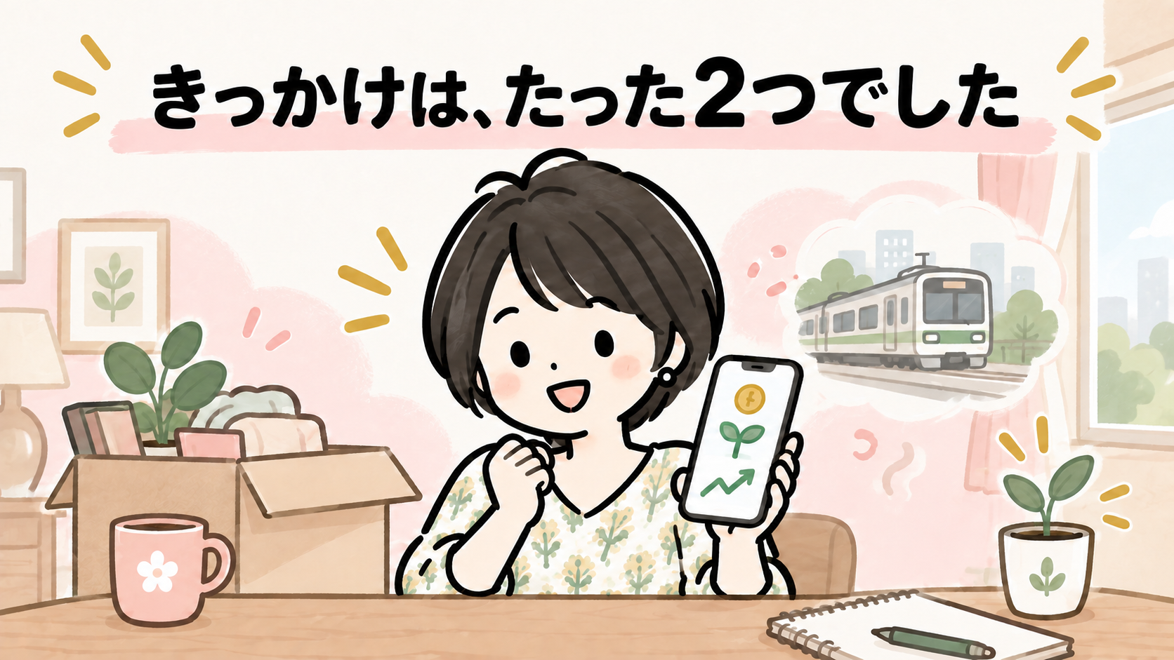 きっかけは、たった2つでした。スマホを見て前向きな表情のなゆのイラスト