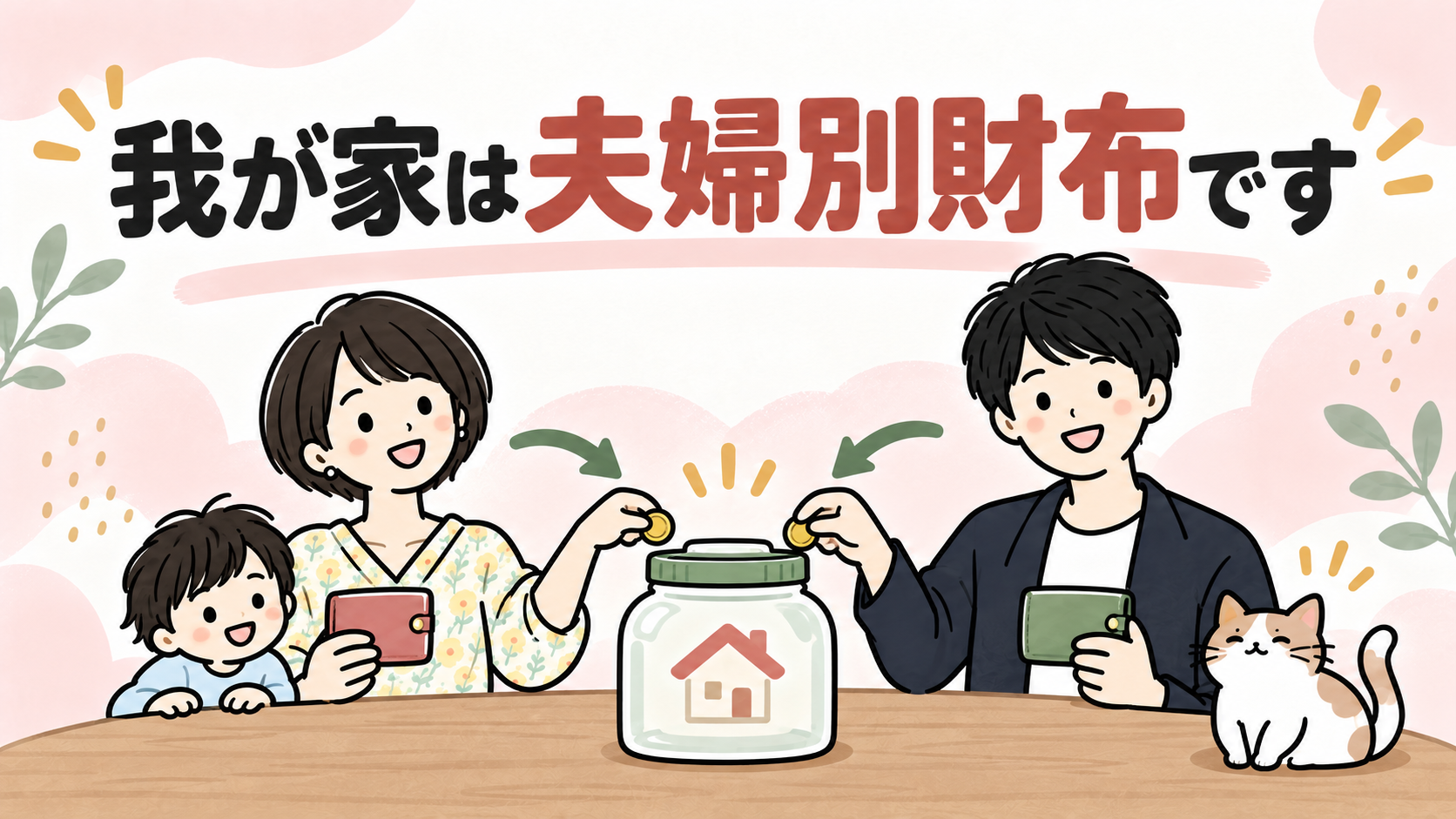 我が家は夫婦別財布です。共用口座にそれぞれお金を入れるイラスト