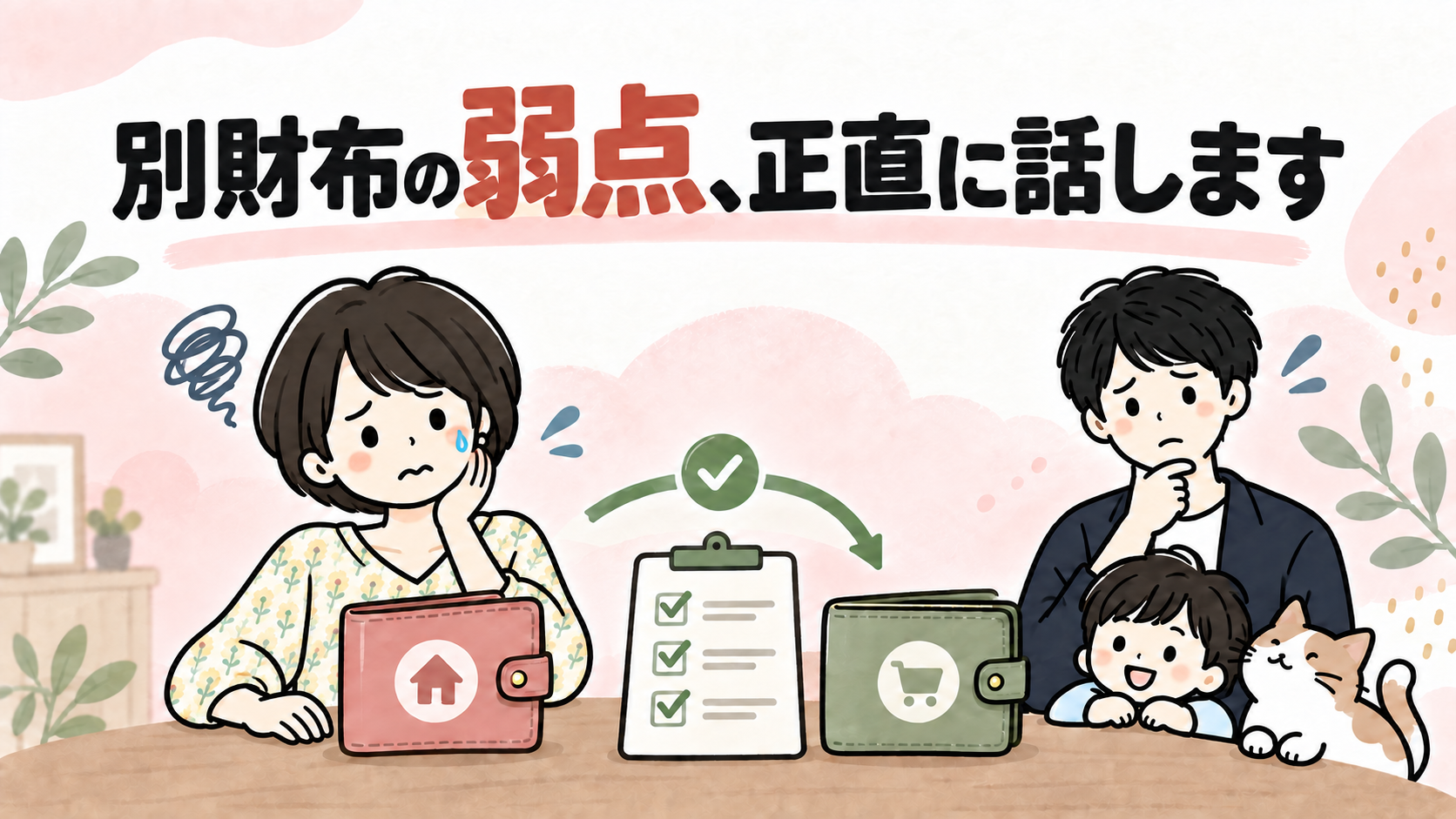 別財布の弱点、正直に話します。困り顔のイラスト