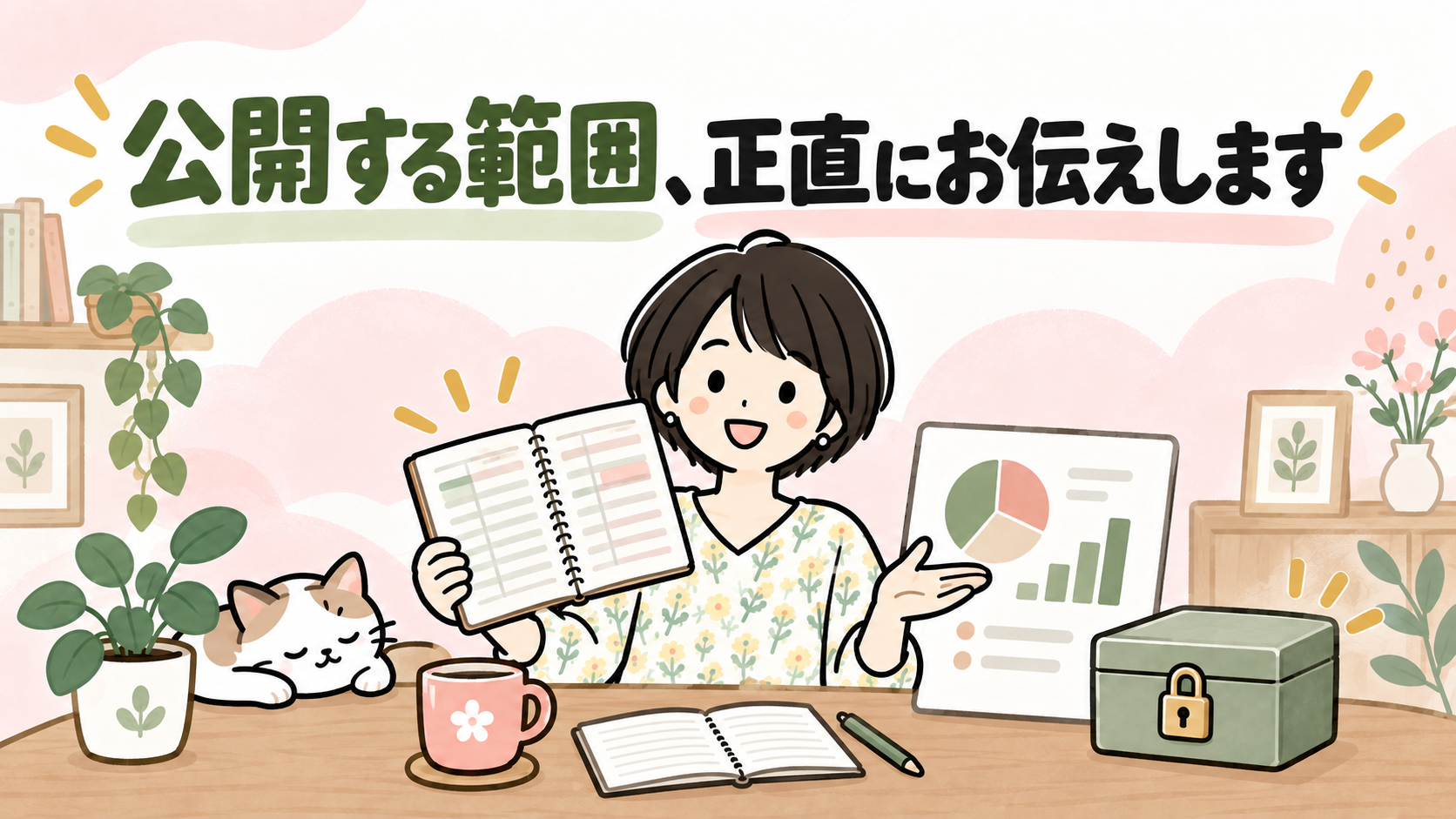 公開する範囲、正直にお伝えします。家計簿と鍵付きの箱のイラスト