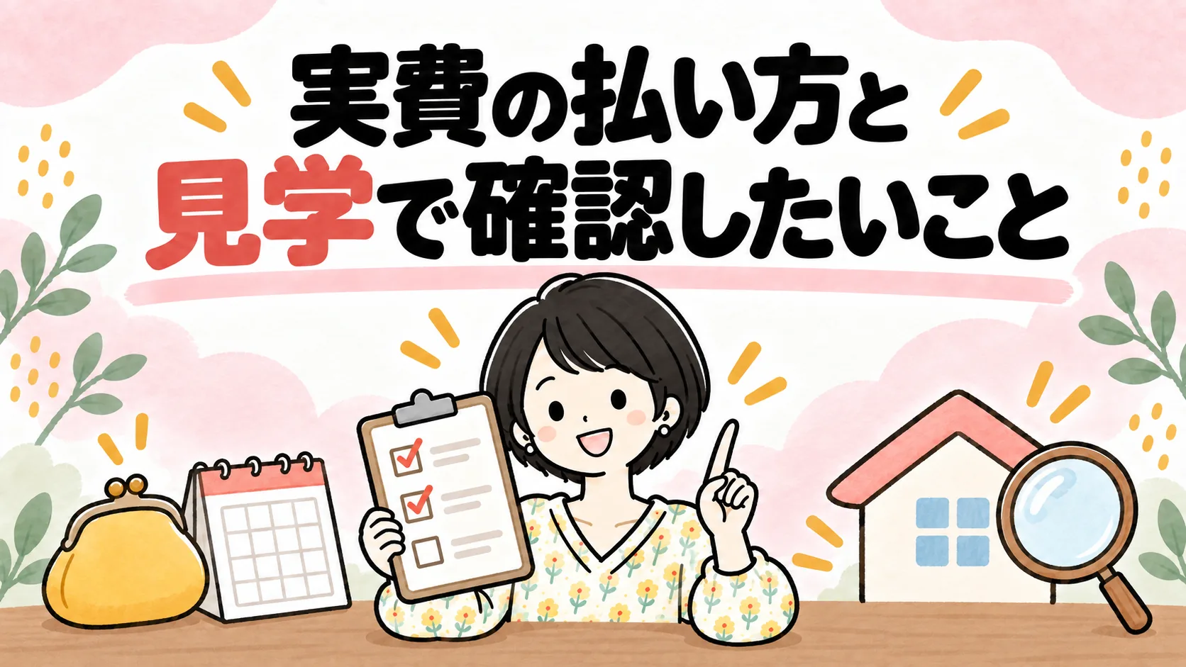 保育園の実費の払い方と見学で確認したいことを表すイラスト