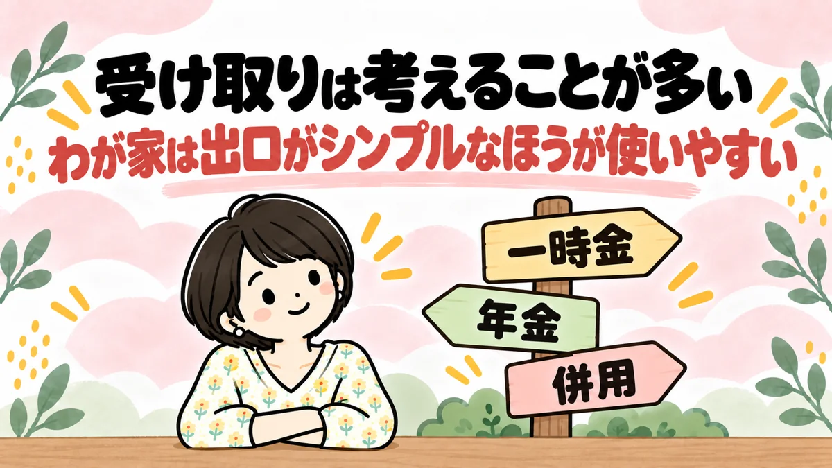 iDeCoの受け取り方が一時金・年金・併用に分かれる看板の前で考えるなゆのイラスト