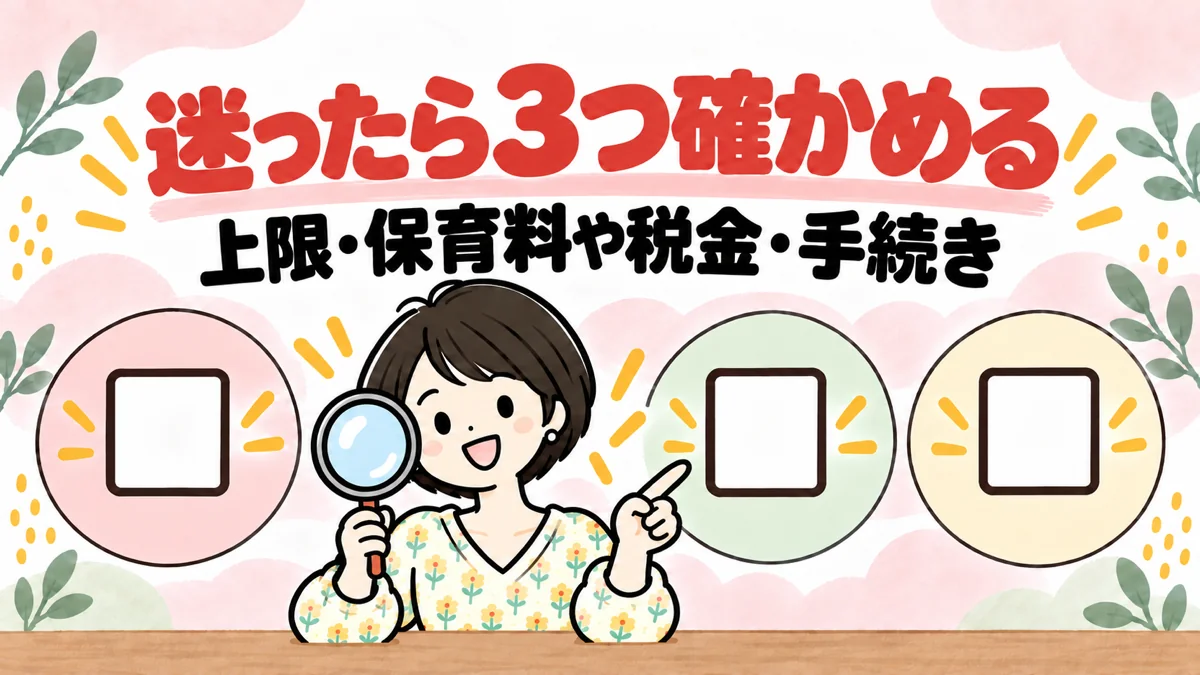 増やすか迷ったときに、上限額・保育料や税金・手続きの3つを確かめるなゆのイラスト