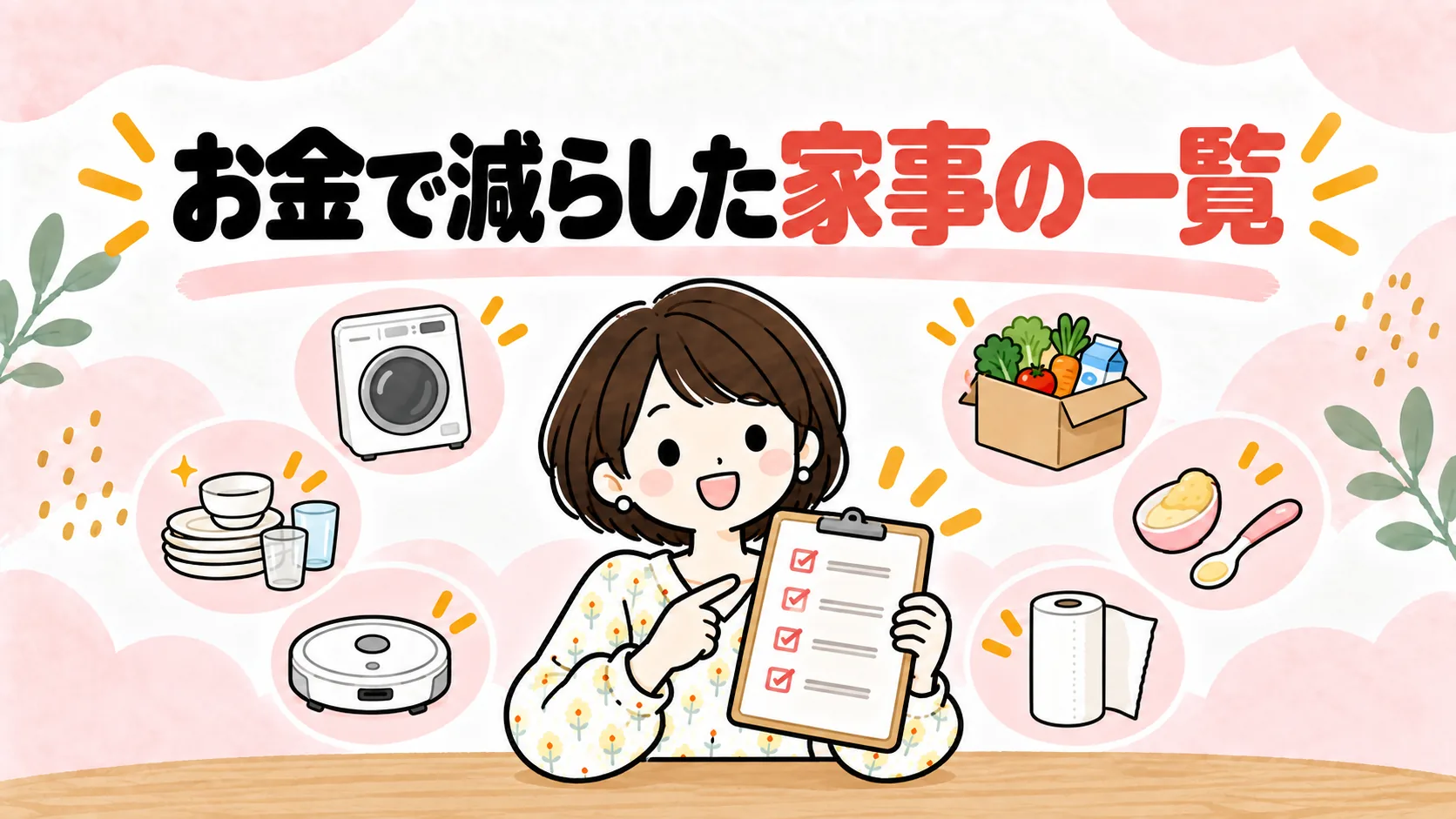 お金で減らした家事の一覧を表すチェックリストを持つ女性のイラスト