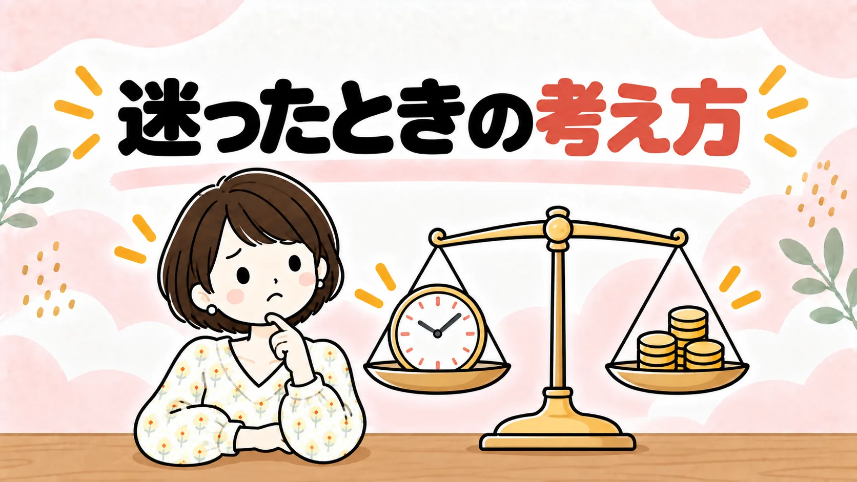 時間とお金を天秤にかけて考える女性のイラスト