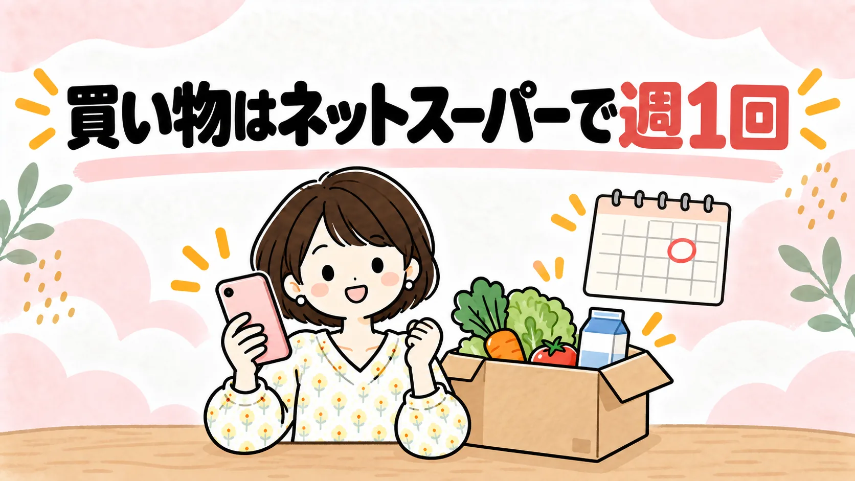 スマホでネットスーパーを週1回注文するイラスト