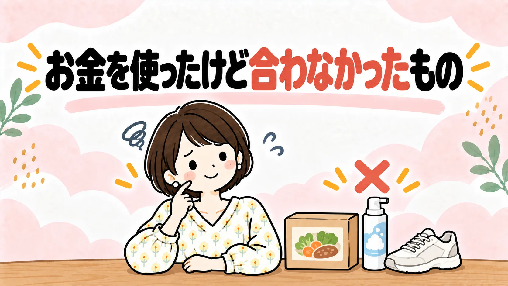 お金を使ったけど合わなかったミールキットとスニーカー用泡シャンプーのイラスト