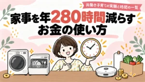 家事を年280時間減らすお金の使い方。時計を持つ女性と時短家電のイラスト