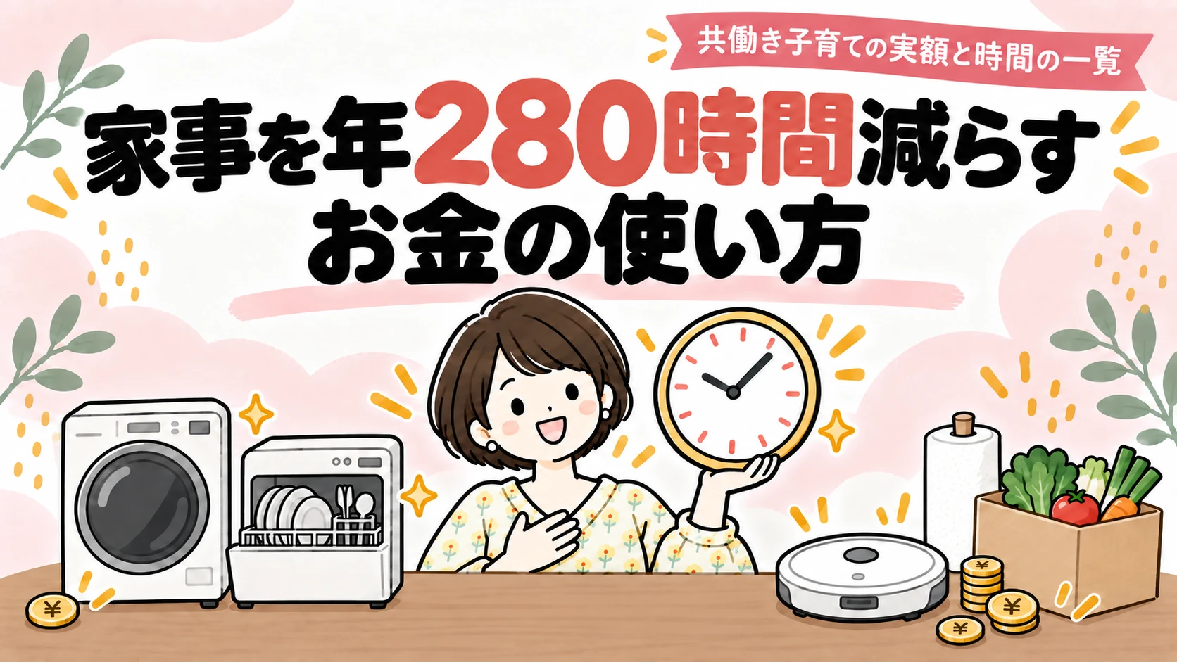 家事を年280時間減らすお金の使い方。時計を持つ女性と時短家電のイラスト