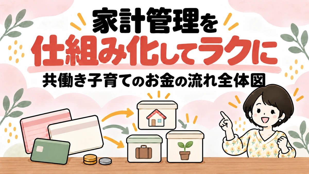 家計管理を仕組み化してラクに。通帳とカードから箱へ矢印でお金が流れる全体図を見せる女性のイラスト