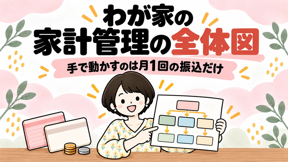 家計管理の全体図を見せる女性のイラスト。手で動かすのは月1回の振込だけ