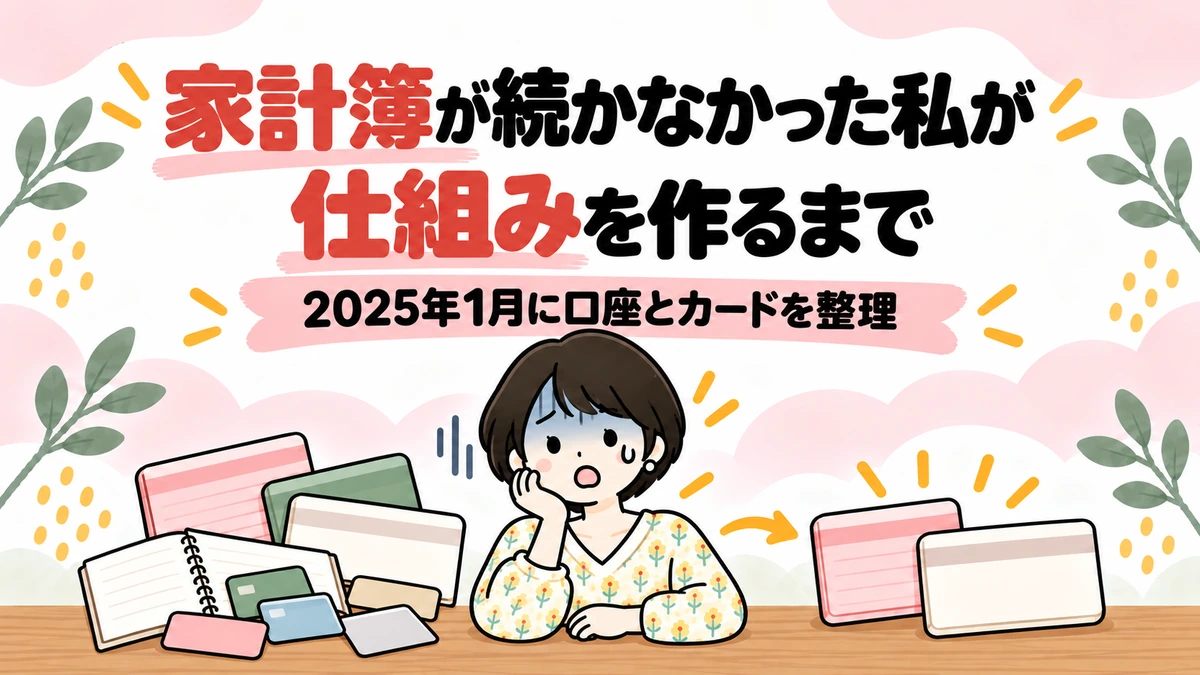 散らばった口座とカードを前に困る女性と、整理してすっきりした通帳のイラスト