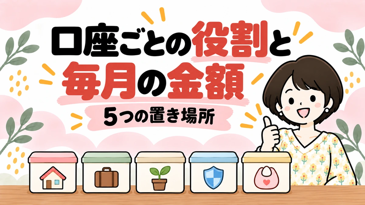 5つの箱にお金を分ける女性のイラスト。口座ごとの役割と毎月の金額
