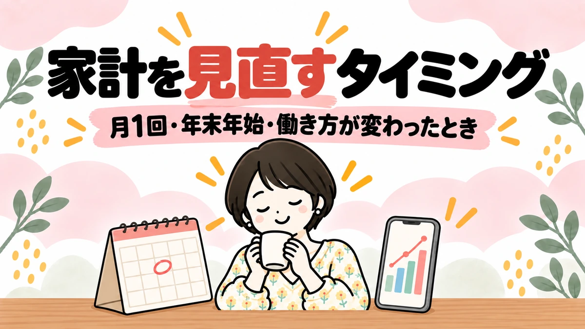 カレンダーとスマホを前にひと息つく女性のイラスト。家計を見直すタイミング