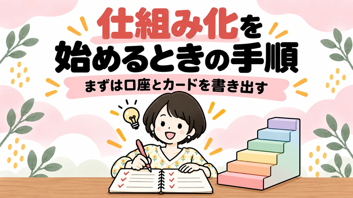 チェックリストに書き込む女性と6段の階段のイラスト。仕組み化を始めるときの手順
