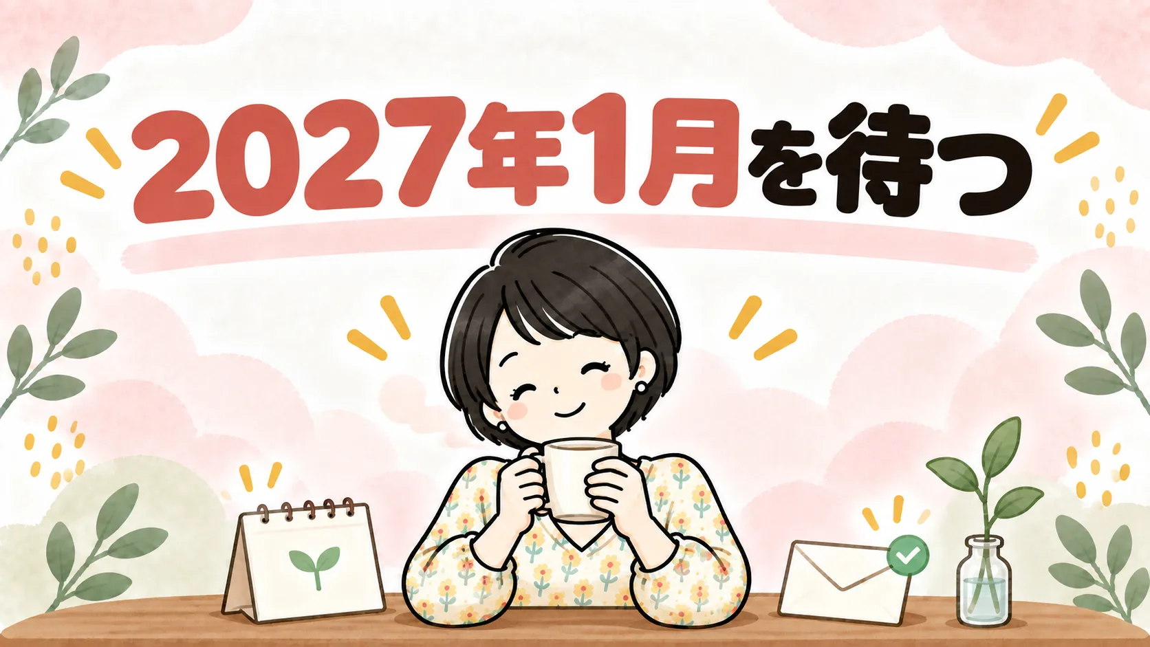 カレンダーと新芽の瓶のそばでほっと一息つくなゆのイラスト。申し込みのあとは2027年1月のサービス開始を待つことを表す