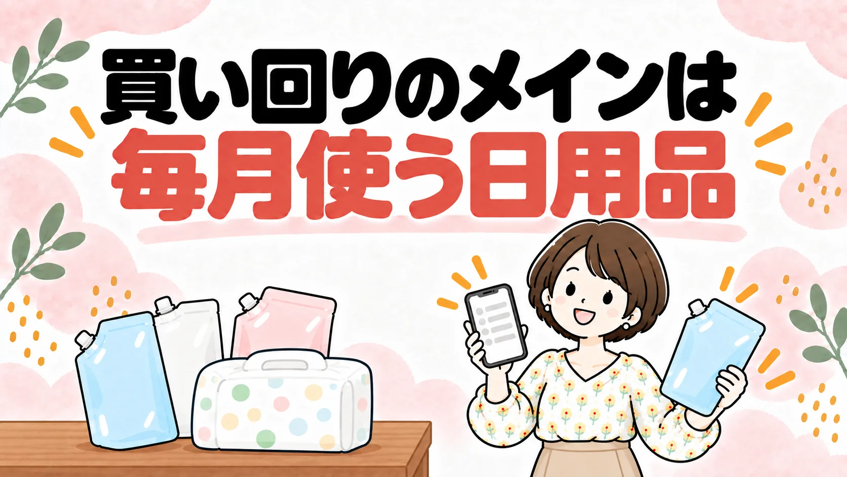 スマホと洗剤のつめかえを持つ女性と、テーブルに並んだ毎月使う日用品のイラスト