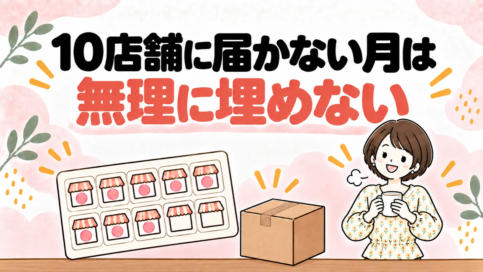 10マスのうち8マスが埋まったスタンプカードと、マグカップを持ってほっとする女性のイラスト