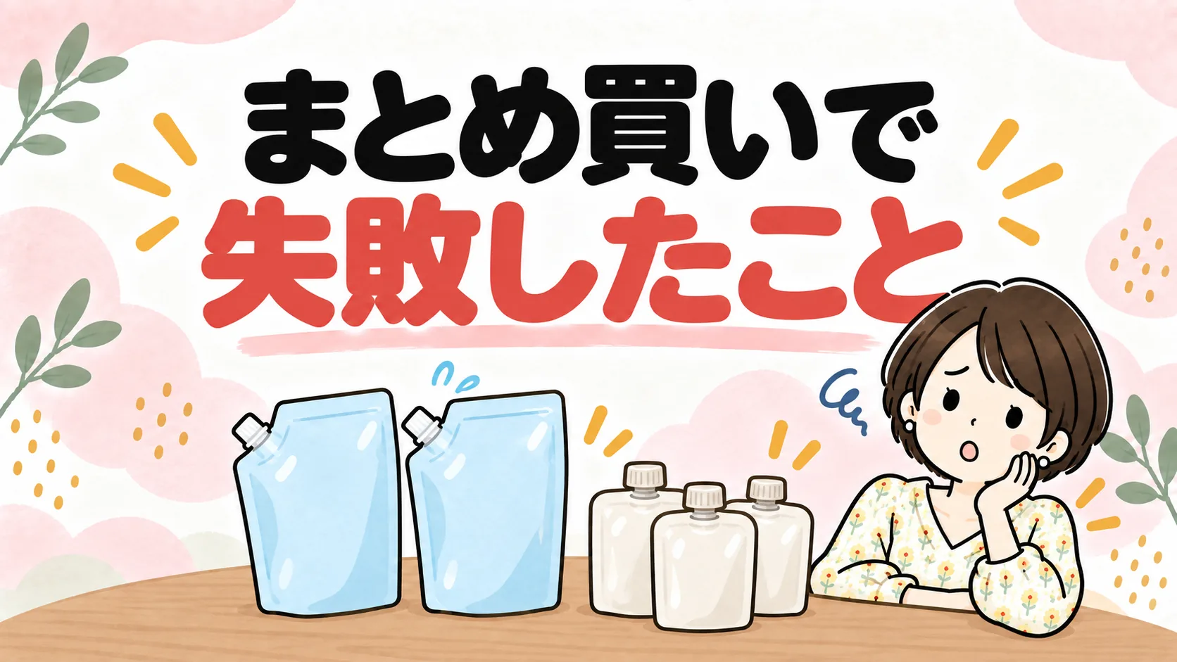 同じ洗剤のつめかえが2つ並んでいるのに気づいて困る女性と、残ったベビーフードのイラスト