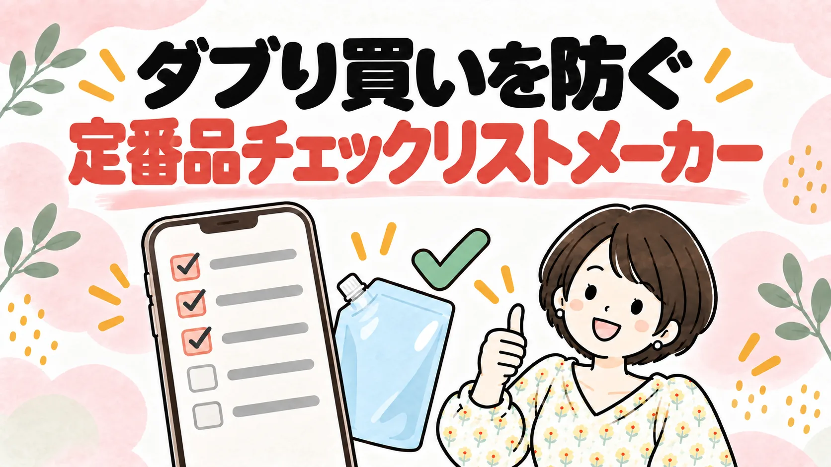 チェックボックス付きのリストが表示されたスマホと、グッドポーズの女性のイラスト