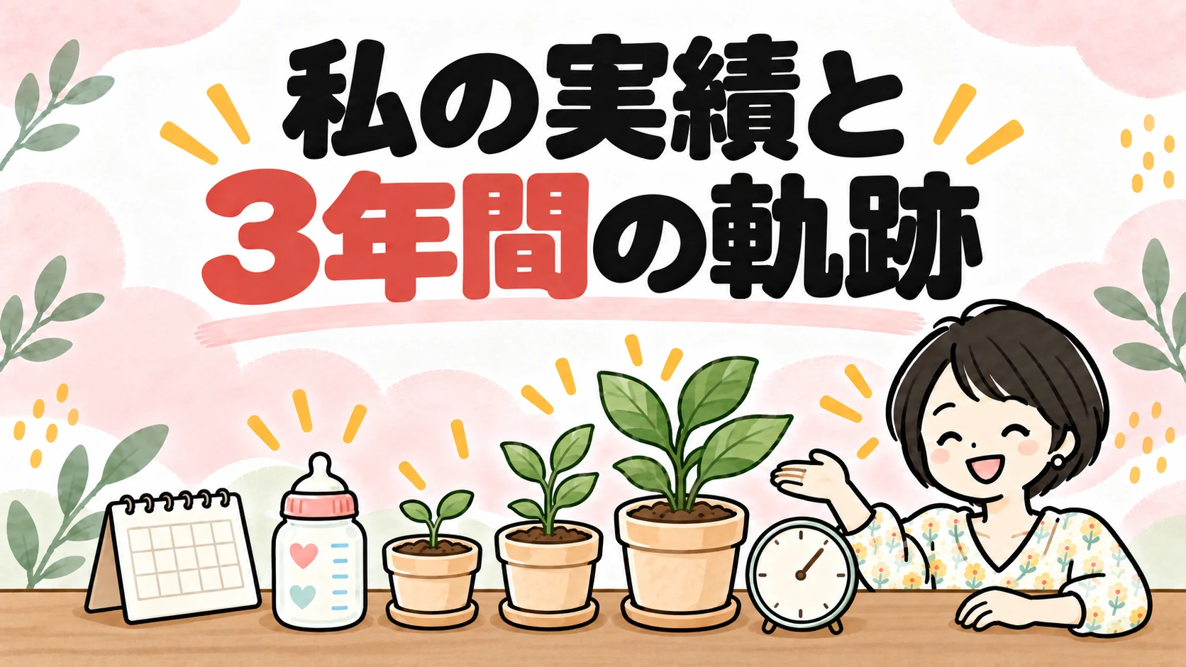 3つの鉢植えが少しずつ大きくなる様子で、3年間の資産の歩みを表したイラスト