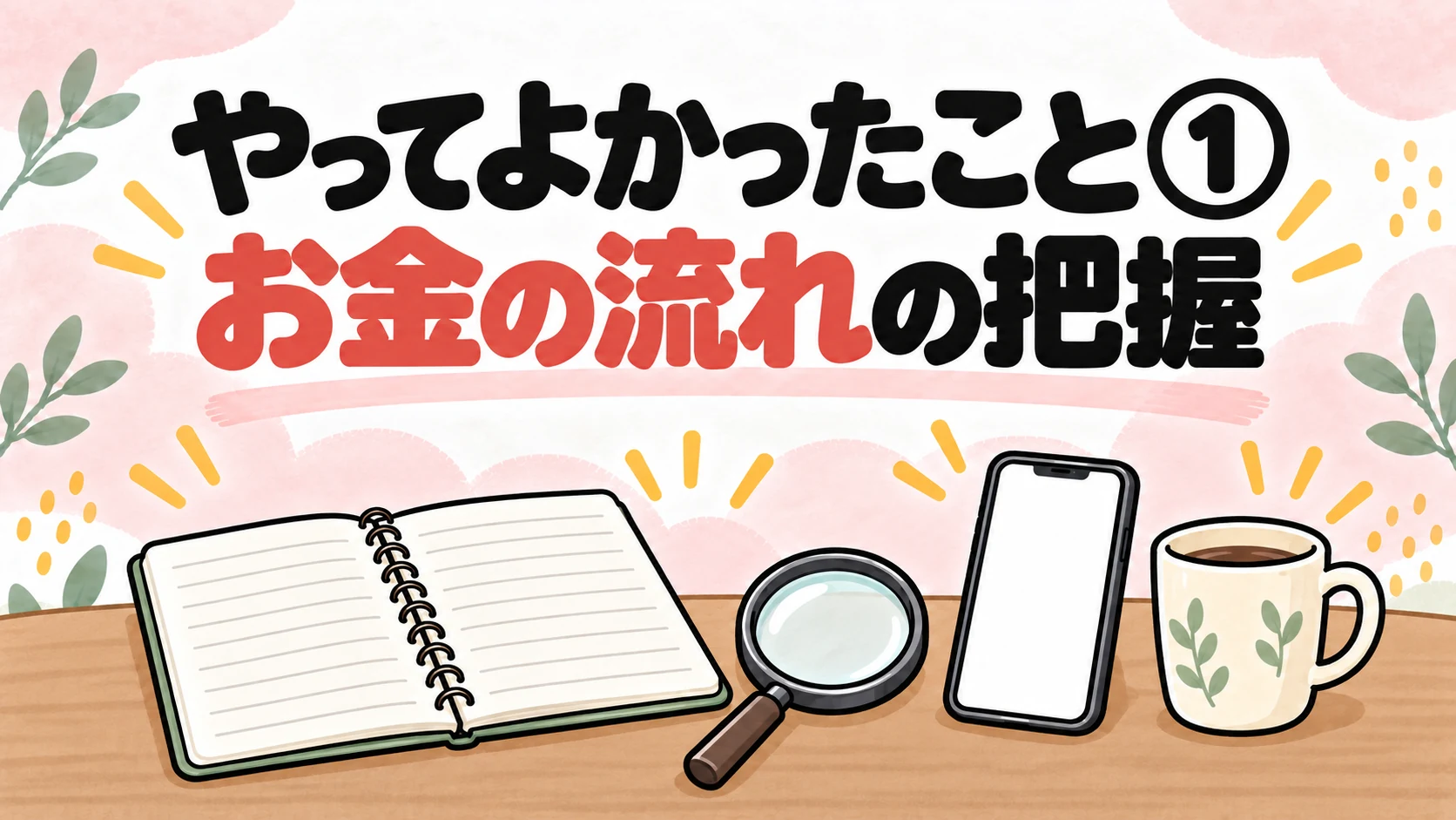 ノートと虫めがねで家計の収支を確認するイメージのイラスト