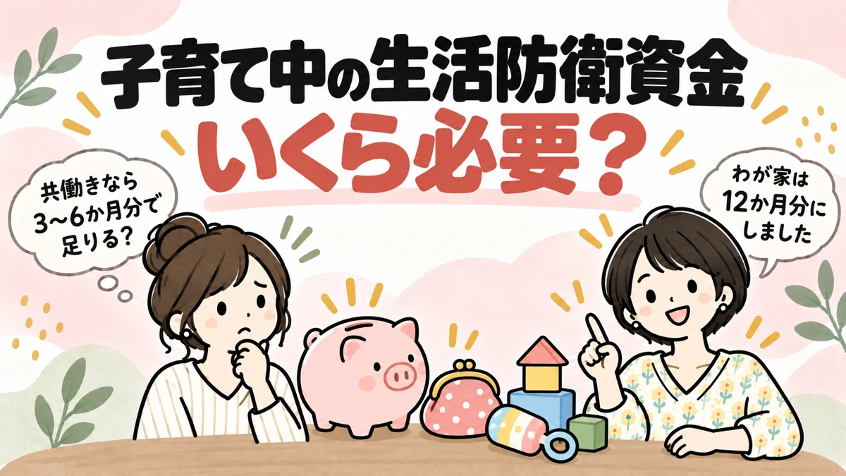 子育て中の生活防衛資金について、共働きなら3〜6か月分で足りるのかと悩む女性に、12か月分にしたと答える筆者のイラスト