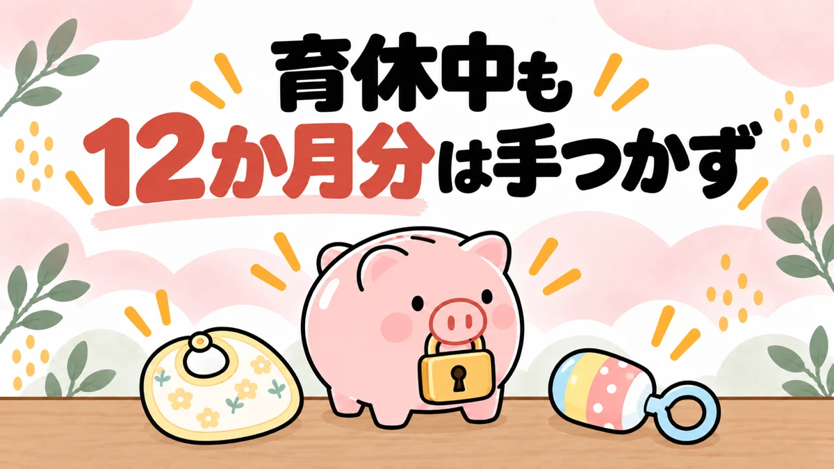 産休・育休中も12か月分の生活防衛資金に手をつけなかったことを、鍵つきの貯金箱とベビー用品で表したイラスト