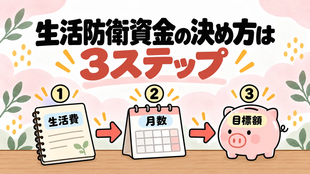 生活防衛資金は、月の生活費を出す、月数を決める、かけ算で目標額を出すの3ステップで決めることを、家計簿・カレンダー・貯金箱で表したイラスト