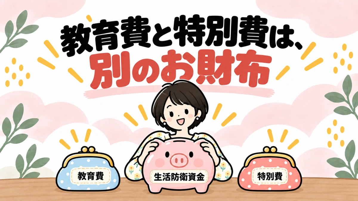 生活防衛資金、教育費、特別費をそれぞれ別の入れ物に分けて考えることを示したイラスト