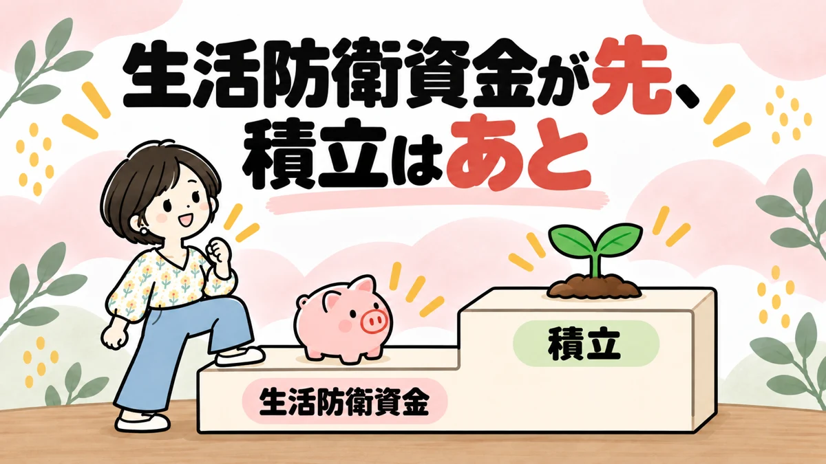 生活防衛資金を先に用意し、そのあとに積立投資を始める順番を、階段で表したイラスト