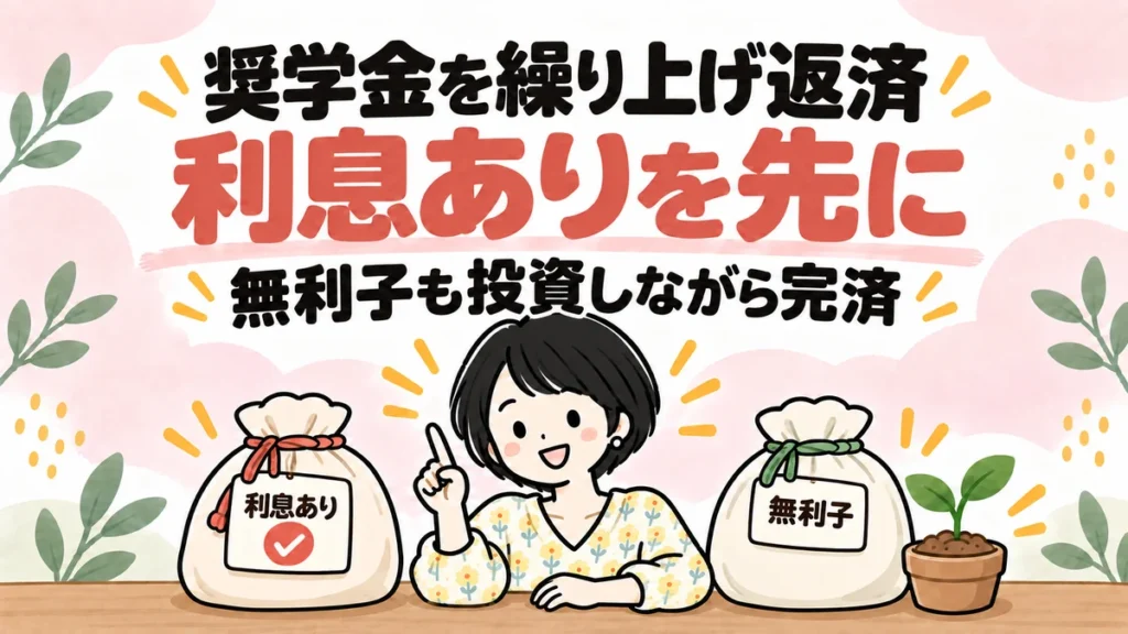 奨学金を繰り上げ返済した体験談のアイキャッチ。利息ありの袋にチェックを付けて先に返す順番を示すなゆと、無利子の袋と苗のイラスト