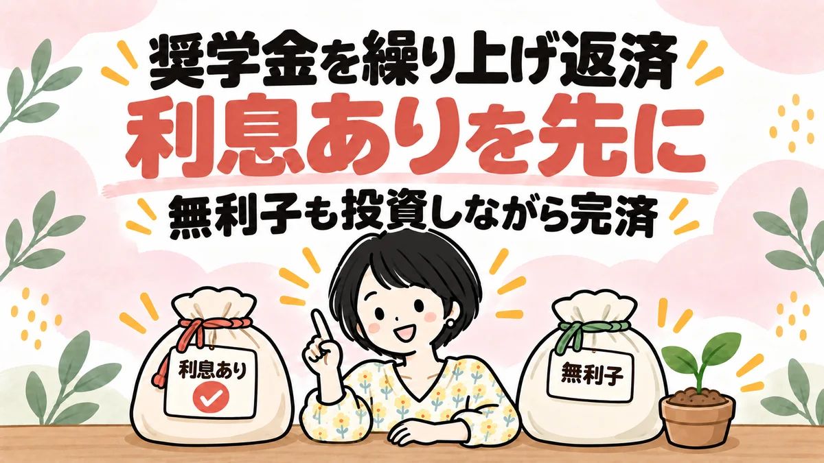 奨学金を繰り上げ返済した体験談のアイキャッチ。利息ありの袋にチェックを付けて先に返す順番を示すなゆと、無利子の袋と苗のイラスト